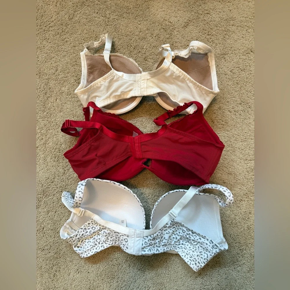 CACIQUE LANE BRYANT Lace and Print Bra Set of 3 Red, White, Cream Gray Sz 38C - Picture 2 of 2